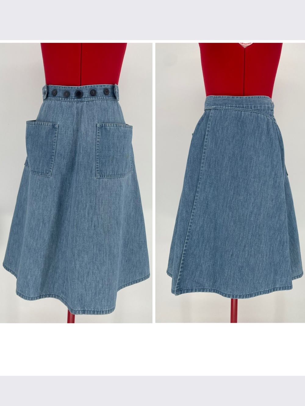 VTG 60s 70s Blue Chambray Wrap Skirt W/ Pockets & Button Details Along Wasitband
